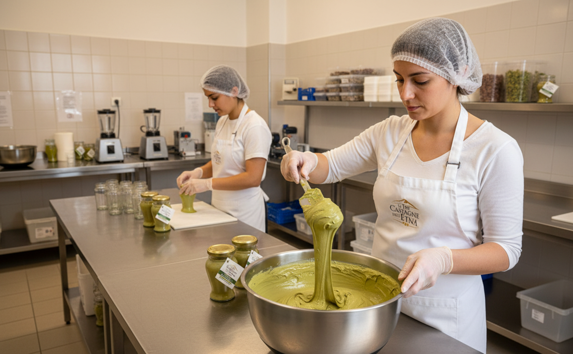 Artisans au travail dans un laboratoire de cuisine préparant de la crème de pistache italienne onctueuse.