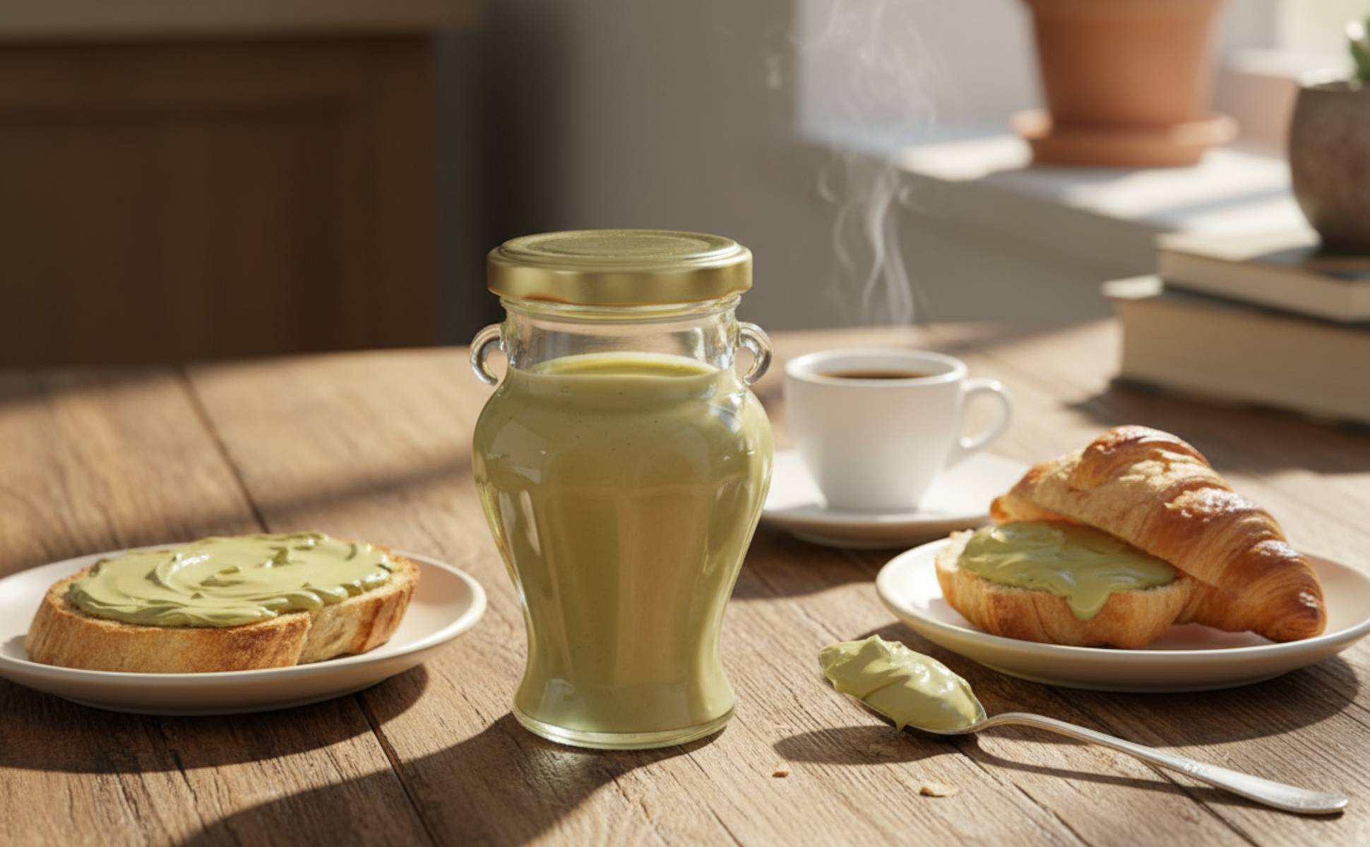 Petit-déjeuner gourmand avec croissant, café chaud et tartines à la crème de pistache Foodence.